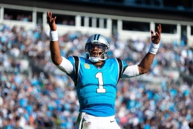 CHARLOTTE, NC - OCTOBER 28: Carolina Panthers quarterback Cam Newton (1) celebrates after his touchdown against the Baltimore Ravens on October 28, 2018, at Bank of America Stadium in Charlotte, NC. (Photo by Jay Anderson/Icon Sportswire)