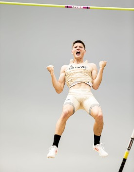 May 06, 2017; Fullerton, CA; UC Davis decathlete Kyle Clancy celebrates after winning the pole vault during the Big West Multi Championships.Photo by Jay Anderson / Sports Shooter Academy