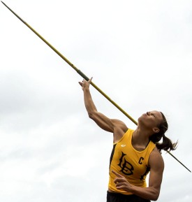 May 06, 2017; Fullerton, CA; Long Beach State Heptathlete Riley Cooks releases the javelin during the Big West Multi Championships. Cooks went on to win the Heptathlon.Photo by Jay Anderson / Sports Shooter Academy