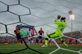 July 01, 2017; East Hartford, CT, USA; United States forward Dom Dwyer (14) celebrates after scoring the first goal of the match past Ghana goalkeeper Richard Ofori (1) during an exhibition match between USA and Ghana at Pratt & Whitney Stadium. Photo credit: Jay Anderson - KLC fotos